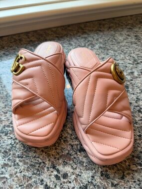 Gucci Shoes GG Marmont Double G Quilted Platform Slide Sandal Perfect Pink 38.5